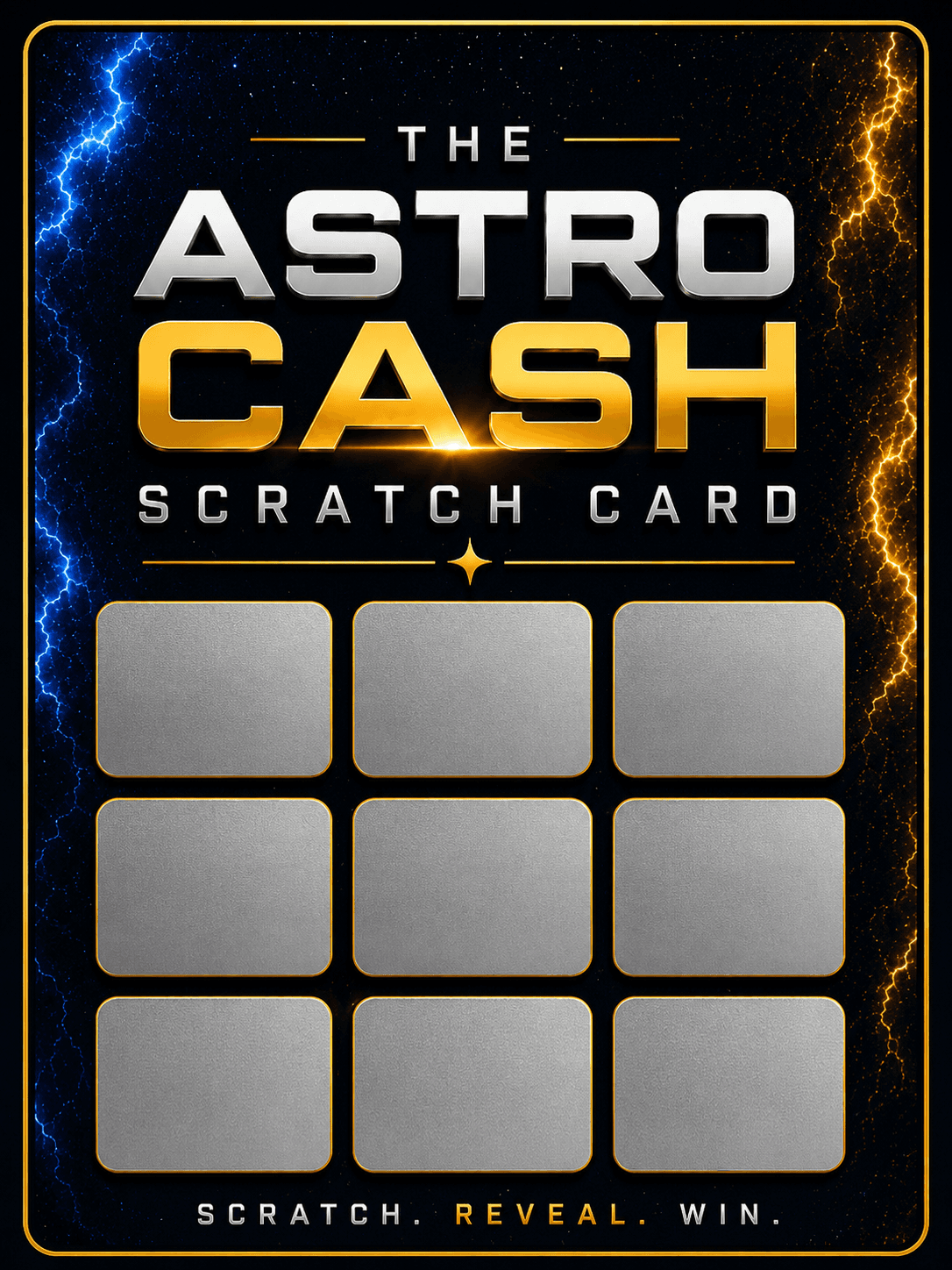 The Astro Cash Scratch Card — a finished card with a matched set